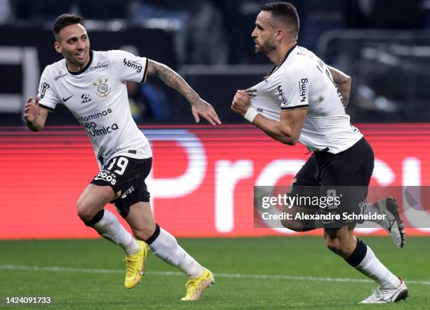 Renato Augusto of Corinthians celebrates after scoring the first goal of his team during a semi final second leg match between Corinthians and...