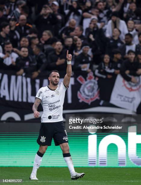 Renato Augusto of Corinthians celebrates after scoring the first goal of his team during a semi final second leg match between Corinthians and...