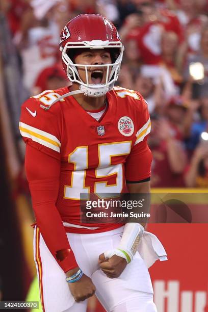 Patrick Mahomes of the Kansas City Chiefs runs onto the field before the game against the Los Angeles Chargers at Arrowhead Stadium on September 15,...
