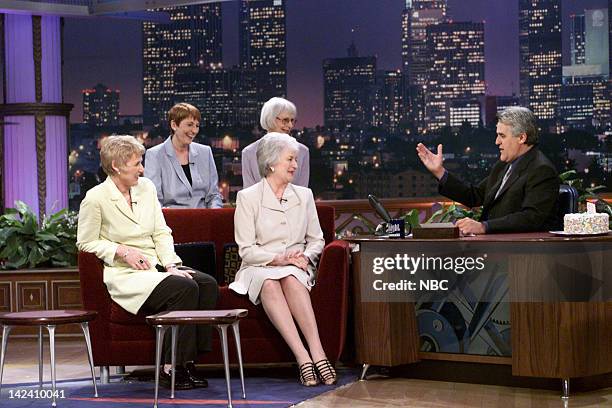 Episode 1826 -- Pictured: Calendar Girls Tricia Stewart, Beyrl Bamforth, Lynda Logan, Chris Clancy and during an interview with host Jay Leno on...