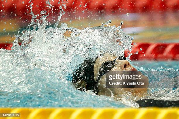 Aya Terakawa competes in the Women's 100m Backstroke semi final during day three of the Japan Swim 2012 at Tokyo Tatsumi International Swimming Pool...