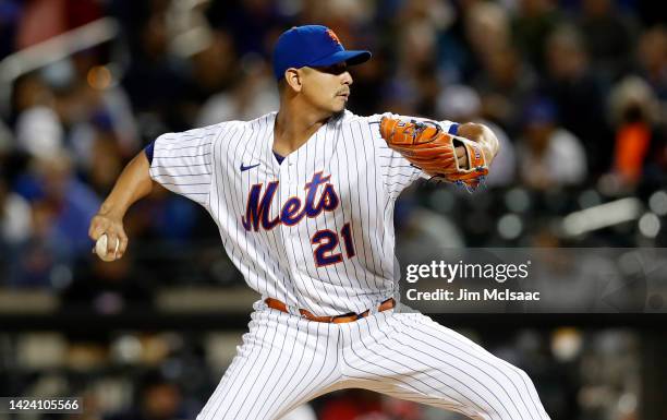 Carlos Carrasco of the New York Mets pitches during the first inning against the Pittsburgh Pirates at Citi Field on September 15, 2022 in New York...