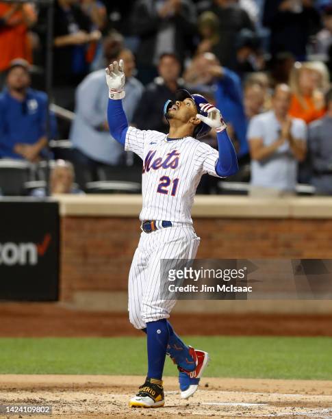 Francisco Lindor of the New York Mets celebrates his third inning two run home run against the Pittsburgh Pirates at Citi Field on September 15, 2022...