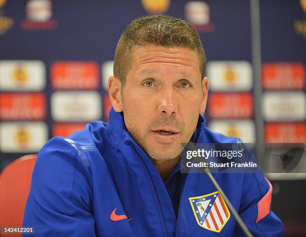 Diego Simeone, head coach of Athlectico Madrid looks on during the press conference ahead of their UEFA Europa League quarter-final second leg...