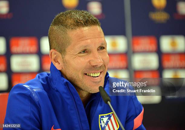 Diego Simeone, head coach of Athlectico Madrid looks on during the press conference ahead of their UEFA Europa League quarter-final second leg...