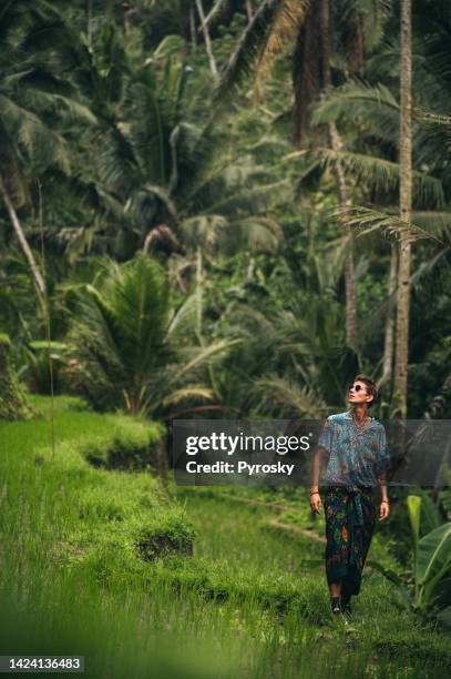 a young man walks through a beautiful rice terrace in ubud, bali, indonesia - ubud rice fields stock pictures, royalty-free photos & images