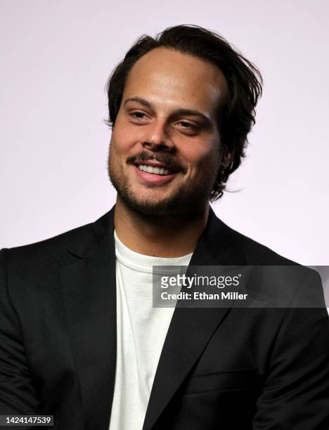 Auston Matthews of the Toronto Maple Leafs is interviewed during the 2022 NHL player media tour at Encore Las Vegas on September 15, 2022 in Las...