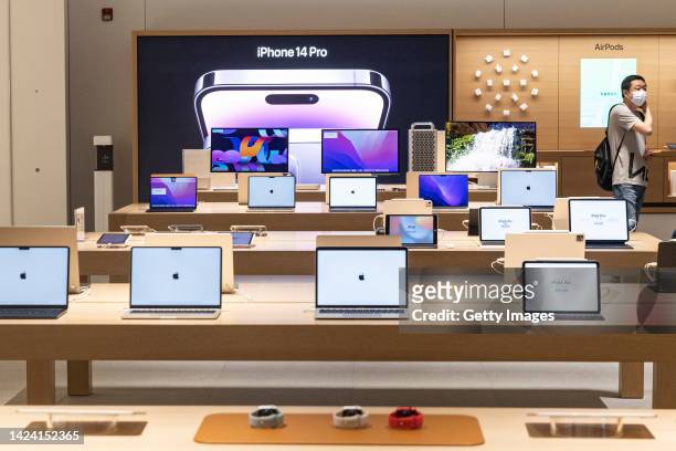 Advertisement for the new Apple iPhone 14 is displayed at an Apple store on September 16,2022 in Wuhan. Hubei, China.