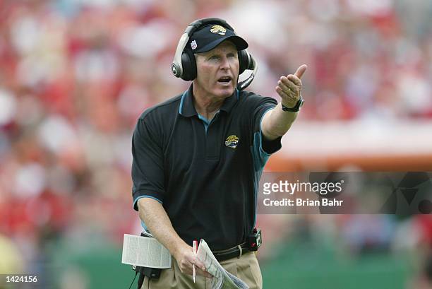 Head coach Tom Coughlin of the Jacksonville Jaguars motions on the sideline during the NFL game against the Kansas City Chiefs on September 15 at...