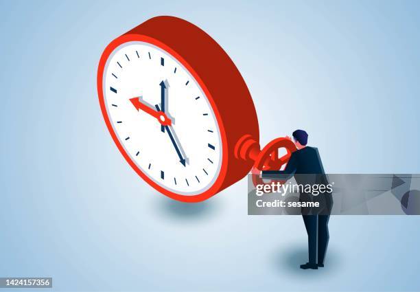 ilustrações, clipart, desenhos animados e ícones de gestão de tempo, empresário isométrico controlando a torneira do relógio, otimização e gestão de alocação da eficiência do trabalho e do tempo de vida - clocks go forward
