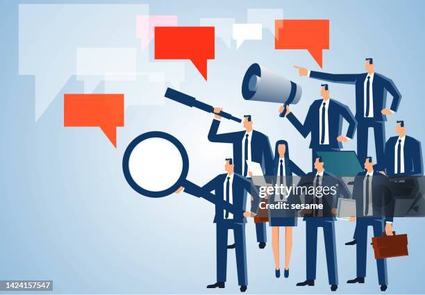 business team communication and communication, business people team doing their best and talking together, teamwork sharing ideas and opinions, team meeting analysis and problem solving, business meeting discussing and thinking - executive search stock illustrations