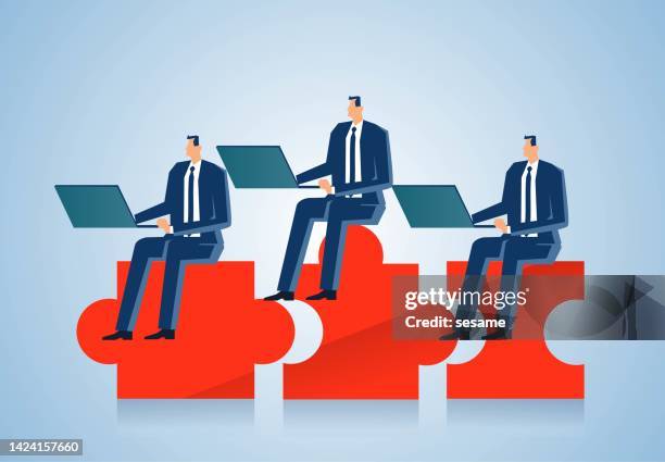 cooperation or team working together to achieve success or problem solving, business people sitting on puzzle pieces and working together, business people sharing work stress together. - integrated marketing strategy stock illustrations