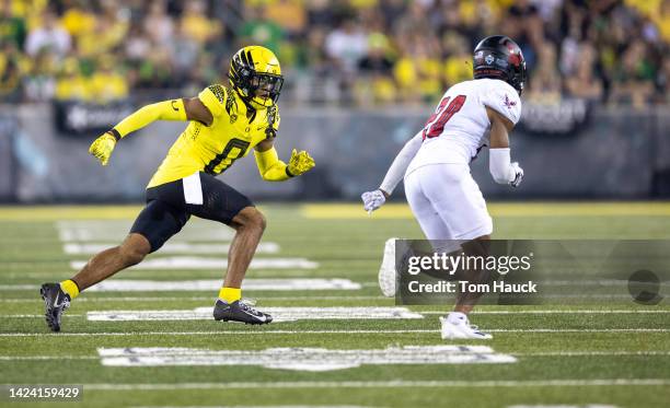 Christian Gonzalez of the Oregon Ducks against the Eastern Washington Eagles at Autzen Stadium on September 10, 2022 in Eugene, Oregon.