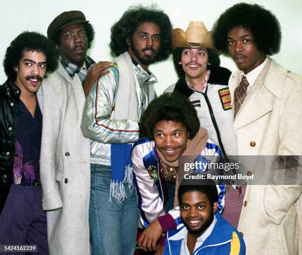 Singers and musicians Tommy DeBarge, Gregory Williams, Phillip Ingram, Bobby DeBarge, Jody Sims and Eddie Fluellen of Switch poses for photos with...