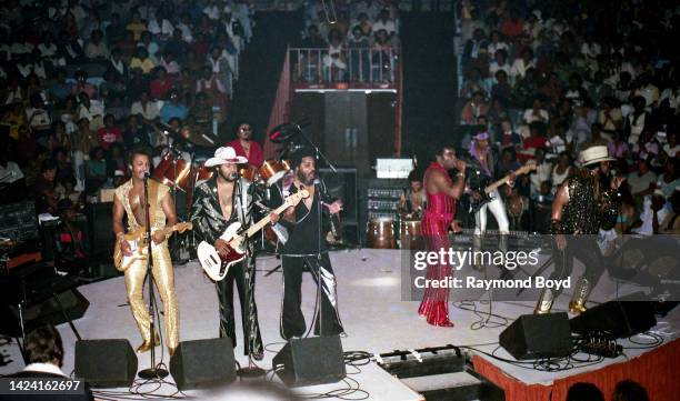 Singers and musicians Chris Jasper, Marvin Isley, O'Kelly Isley, Jr., Ronald Isley, Ernie Isley and Rudolph Isley of The Isley Brothers performs at...