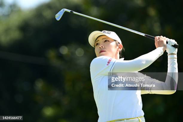 Rie Tsuji of Japan hits her tee shot on the 11th hole during the first round of Sumitomo Life Vitality Ladies Tokai Classic at Shin Minami Aichi...