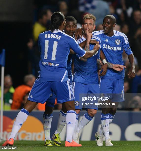 Raul Meireles of Chelsea celebrates scoring their second goal during the UEFA Champions League Quarter Final second leg match between Chelsea FC and...