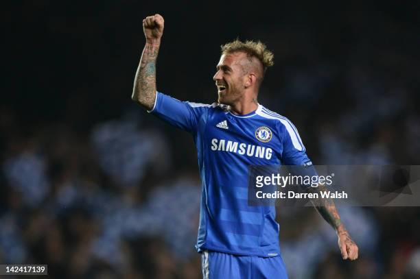 Raul Meireles of Chelsea celebrates scoring their second goal during the UEFA Champions League Quarter Final second leg match between Chelsea FC and...