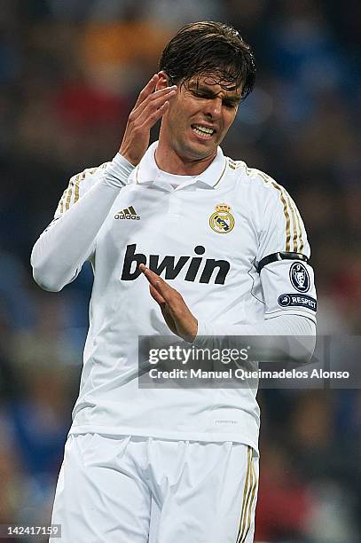 Kaka of Real Madrid reacts as he fails to score during the UEFA Champions League quarter-final second leg match between Real Madrid and APOEL FC at...