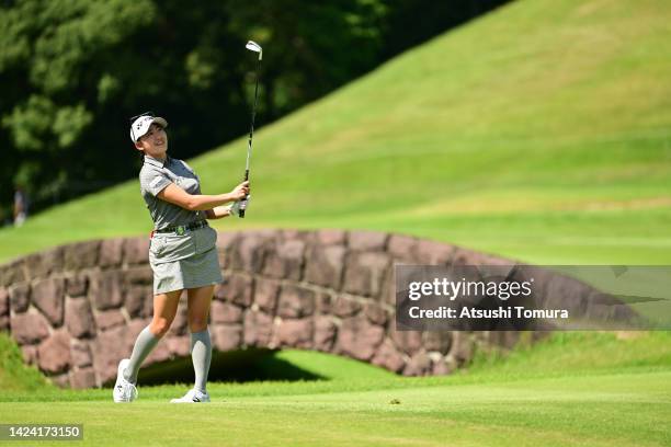 Chisato Iwai of Japan hits her third shot on the 12th hole during the first round of Sumitomo Life Vitality Ladies Tokai Classic at Shin Minami Aichi...