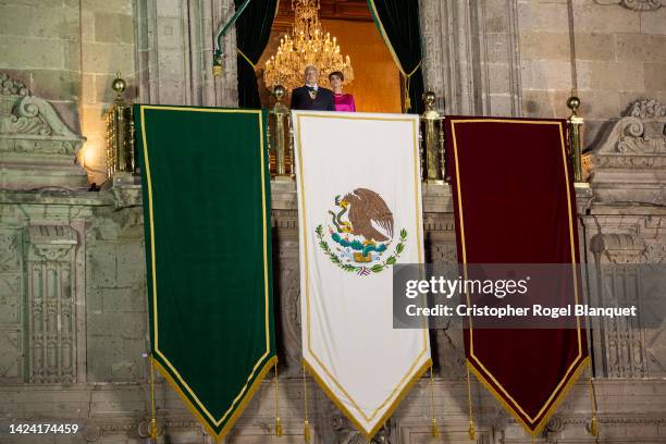 The President of Mexico, Andrés Manuel López Obrador and his wife Beatriz Gutierrez Muller during the annual shout of independence as part of...