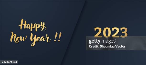 2023 happy new year - banner, design template, gold logo text sign isolated on black background. holiday greeting card. - vibrant color logo stock illustrations