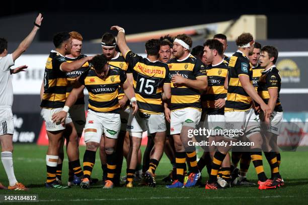 Taranaki celebrate a scrum win during the round seven Bunnings NPC match between Taranaki and Manawatu at Yarrow Stadium, on September 16 in New...