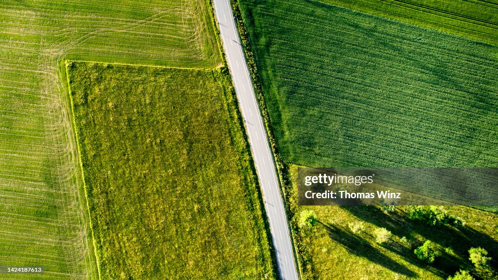 Aerial view of agricultural fields and country road