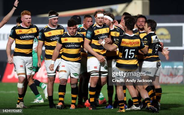 Taranaki celebrate a scrum win during the round seven Bunnings NPC match between Taranaki and Manawatu at Yarrow Stadium, on September 16 in New...