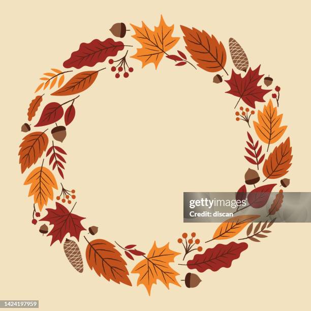 ilustrações de stock, clip art, desenhos animados e ícones de thanksgiving, autumn or fall themed wreath - happy thanksgiving banner