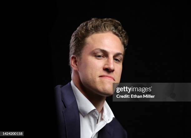 Anders Lee of the New York Islanders is interviewed during the 2022 NHL player media tour at Encore Las Vegas on September 15, 2022 in Las Vegas,...