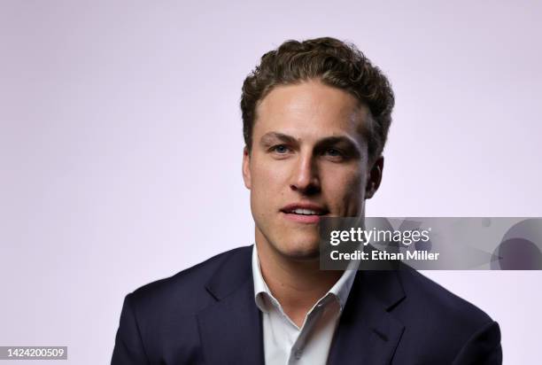 Anders Lee of the New York Islanders is interviewed during the 2022 NHL player media tour at Encore Las Vegas on September 15, 2022 in Las Vegas,...