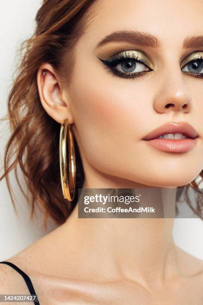 beautiful woman with bright make-up - glitter lips stock pictures, royalty-free photos & images