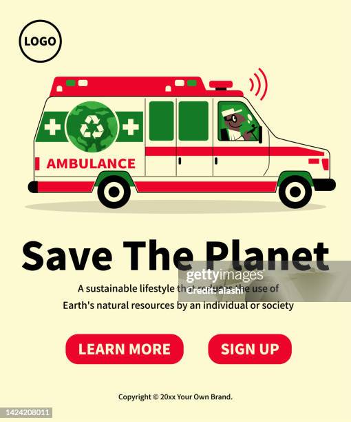 ilustraciones, imágenes clip art, dibujos animados e iconos de stock de en el concepto de save the planet, sostenibilidad y protección del medio ambiente, el personal médico conduce una ambulancia con un símbolo de la tierra. - urgencias-hospital