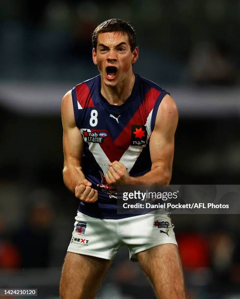Mitchell Rowe of the Dragons celebrates kicking a goal during the NAB League Grand Final match between the Sandringham Dragons and the Dandenong...