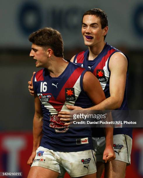 Harry Sheezel of the Dragons celebrates with Mitchell Rowe of the Dragons after kicking a goal during the NAB League Grand Final match between the...