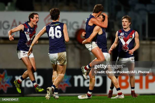 William Brown of the Dragons celebrates kicking a goal during the NAB League Grand Final match between the Sandringham Dragons and the Dandenong...