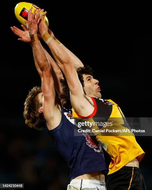 Harrison Collopy of the Stingrays attempts to mark the ball during the NAB League Grand Final match between the Sandringham Dragons and the Dandenong...