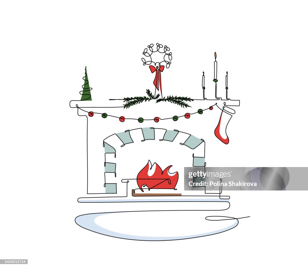 One line drawing of a Сhristmas fireplace.