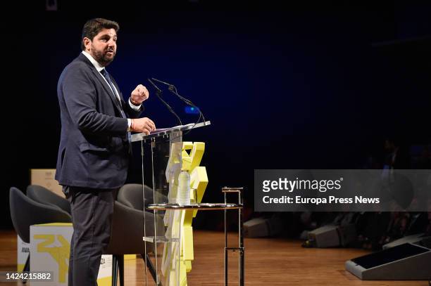 The President of the Region of Murcia and the PP of that community, Fernando Lopez Miras, speaks during the inaugural conference of the second...