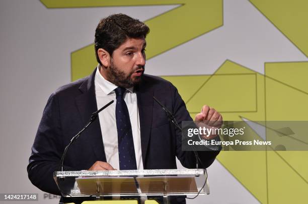 The President of the Region of Murcia and the PP of that community, Fernando Lopez Miras, speaks during the inaugural conference of the second...