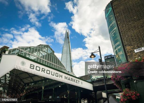 entrance to borough market with the shard in background, london, uk - borough market london stock pictures, royalty-free photos & images