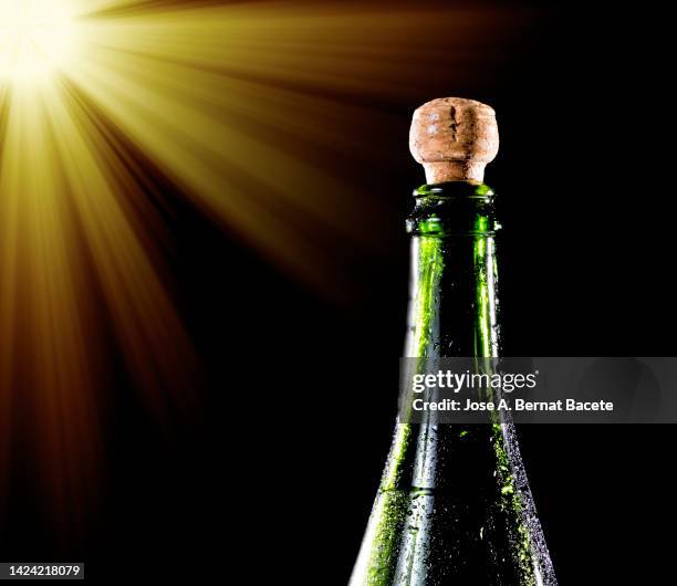 close-up of bottle of champagne illuminated by sunlight. - champagner gläser mit flasche unscharfer hintergrund stock-fotos und bilder