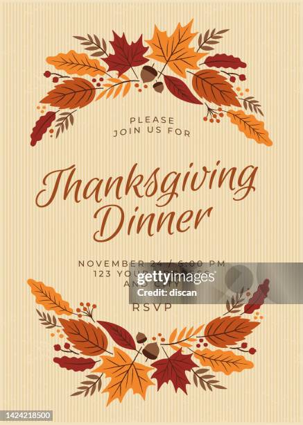 thanksgiving dinner invitation with wreath. - pumpkin stock illustrations