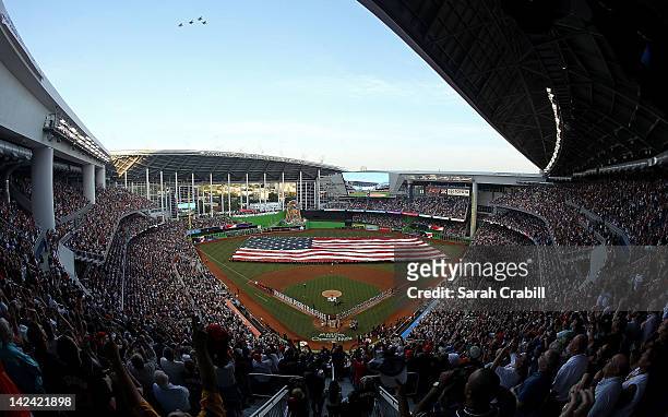 Jets fly over Marlins Park on Opening Day before a game between the Miami Marlins and the St. Louis Cardinals on April 4, 2012 in Miami, Florida.
