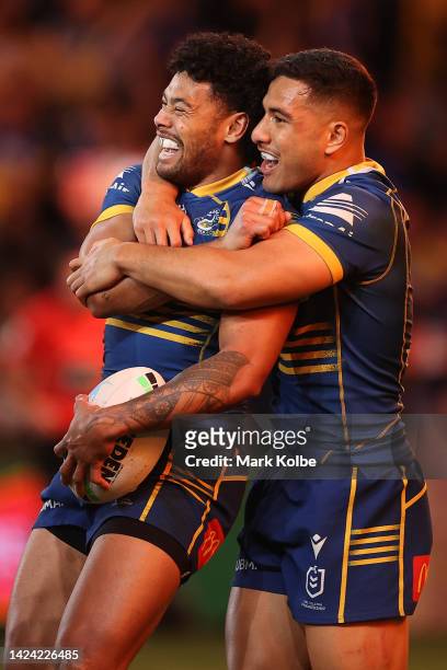 Waqa Blake of the Eels celebrates with team mates after scoring a try during the NRL Semi Final match between the Parramatta Eels and the Canberra...