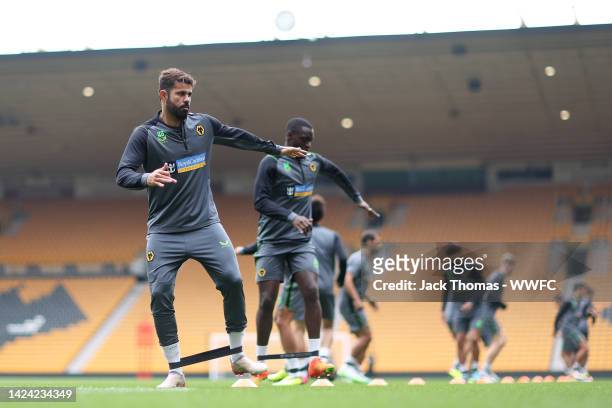 Diego Costa of Wolverhampton Wanderers warms up during a Wolverhampton Wanderers Training Session at Molineux on September 14, 2022 in Wolverhampton,...