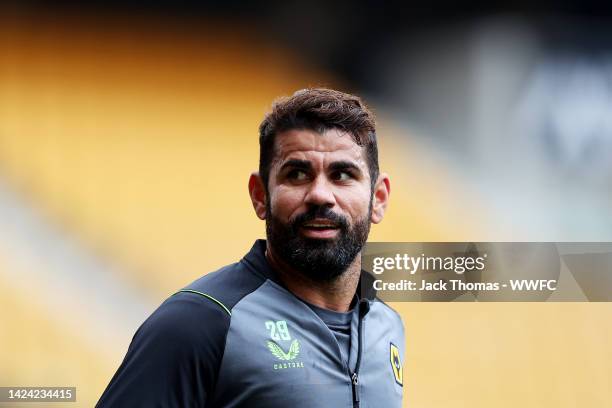 Diego Costa of Wolverhampton Wanderers looks on during a Wolverhampton Wanderers Training Session at Molineux on September 14, 2022 in Wolverhampton,...