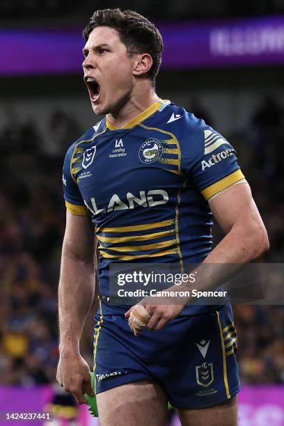 Mitchell Moses of the Eels celebrates kicking a goal during the NRL Semi Final match between the Parramatta Eels and the Canberra Raiders at CommBank...