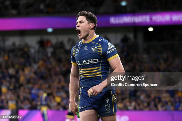 Mitchell Moses of the Eels celebrates kicking a goal during the NRL Semi Final match between the Parramatta Eels and the Canberra Raiders at CommBank...